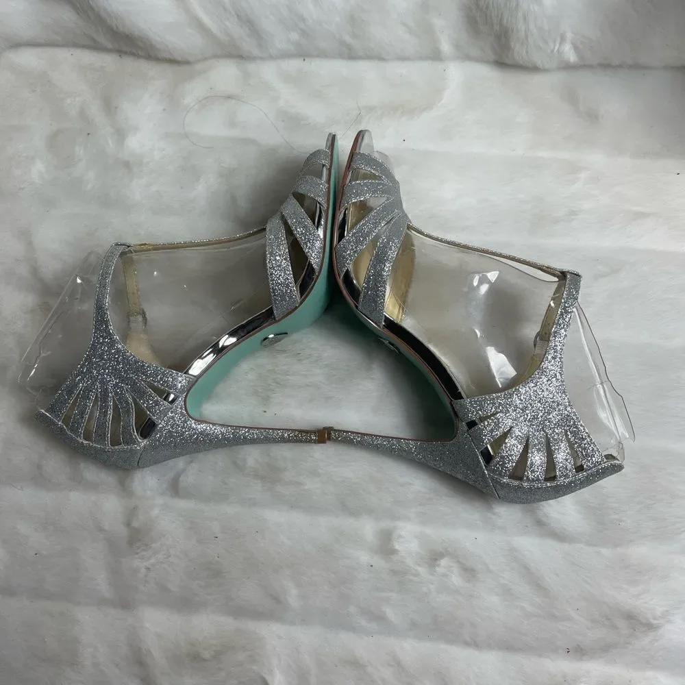 Betsey Johnson Blue silver glitter T strap sandals open toe ankle strap …